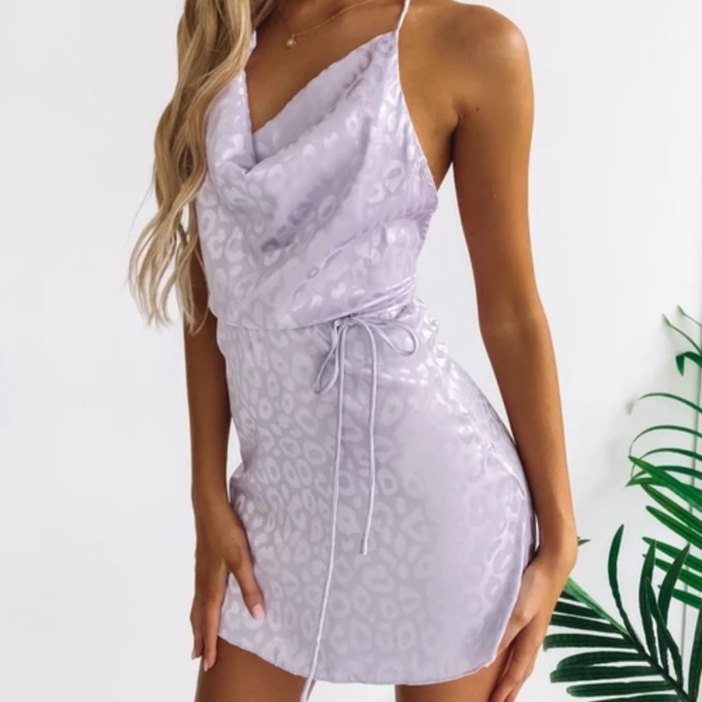 Cowl neck purple halter tie dress